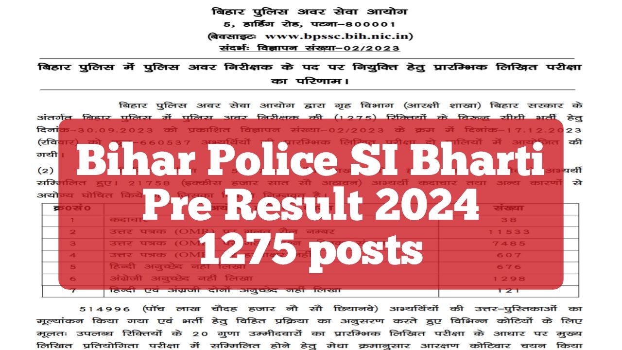 Bihar Police SI Bharti Pre Result 2024