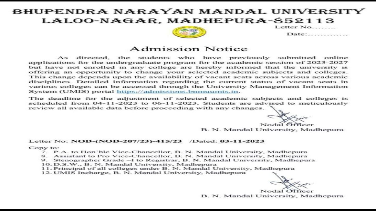 BNMU Part 1 Admission Option Change for next Merit List