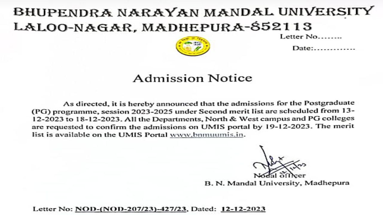 BNMU PG 1st Sem Admission 2nd Merit List 2023