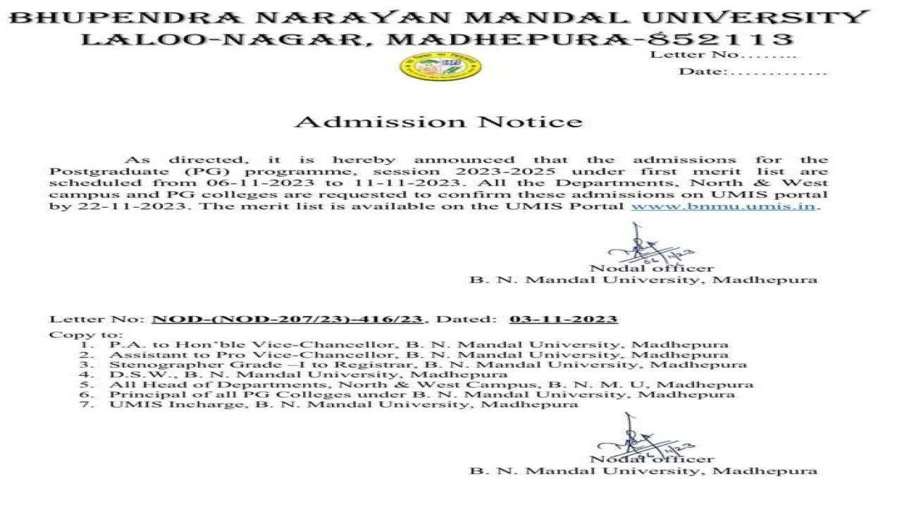 BNMU PG 1st Sem Admission First Merit List 2023