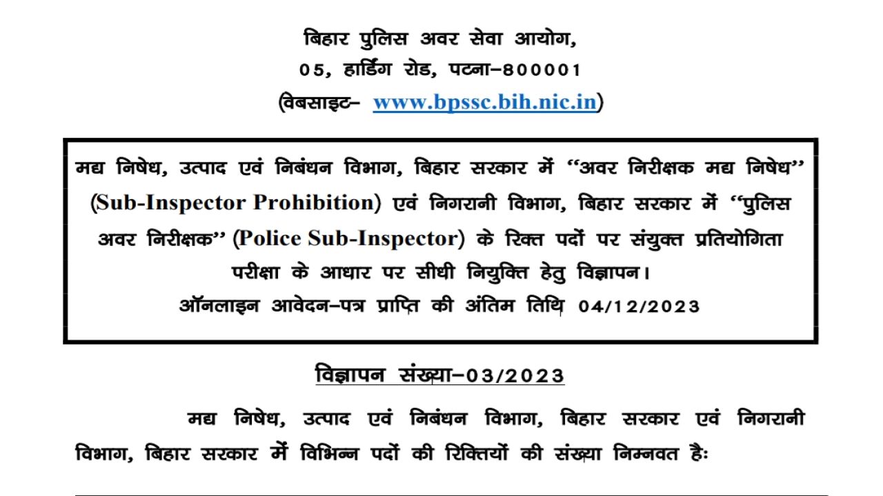 BPSSC Bihar Police Prohibition SI Bharti 2023