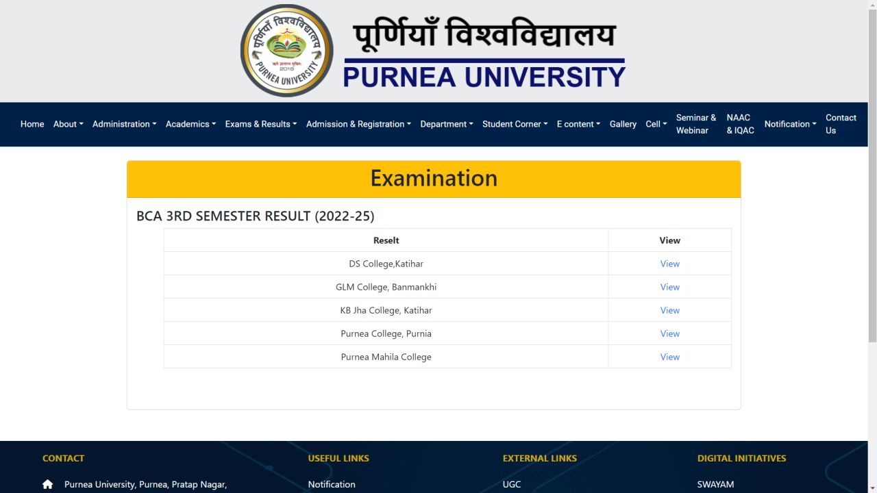 Purnea University BCA 1st Sem 3rd Sem 5th Sem Result 2024