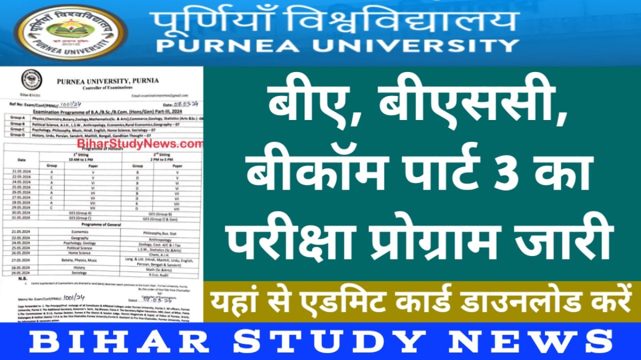 Purnea University Part 3 Exam Programme 2024