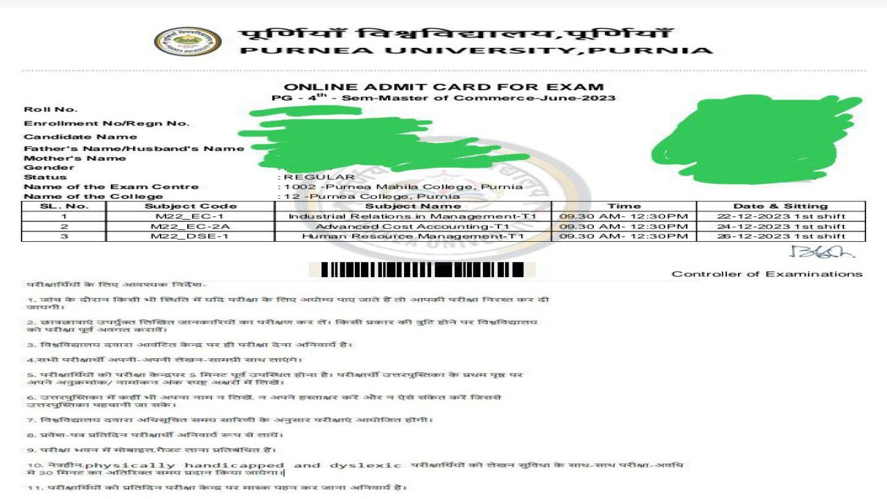 Purnea University PG 4th Sem Admit Card 2023