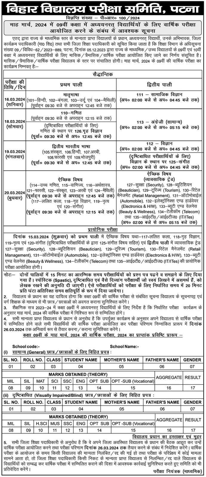 Bihar Board 9th Class Annual Exam 2024