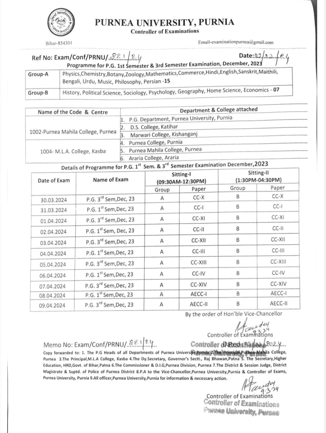 Purnea University PG 3rd Sem Practical Exam Programme 2024