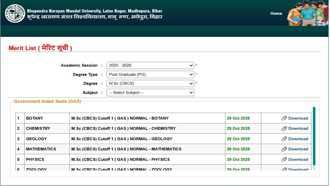 BNMU PG Admission 1st Merit List 2025